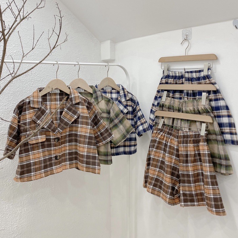 [Ảnh thật 100%] Set kẻ áo cổ vest crt kèm chân short