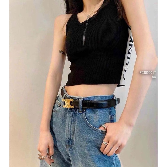 Áo len croptop cổ khóa kéo eo phối viền chữ hai bên sát nách 0522