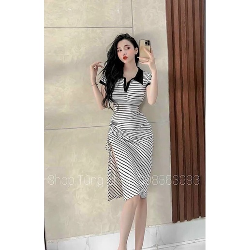 Đầm hot girl, hot trend đi cà phê đi dạo phố, đi biển, đi công sở dáng ôm body, cổ sơ mi đen tay ngắn rút dây hông xẻ tà