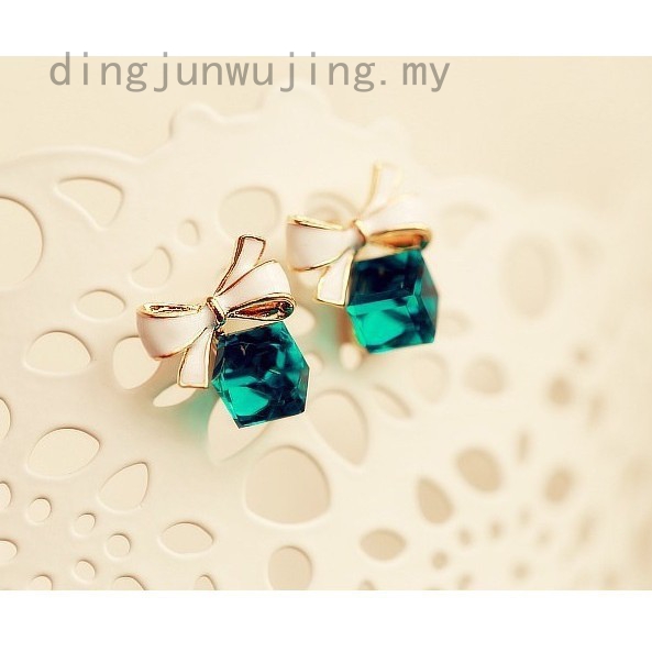 Bông Tai Pha Lê Hình Vuông Đính Nơ Bướm Dễ Thương Thời Trang