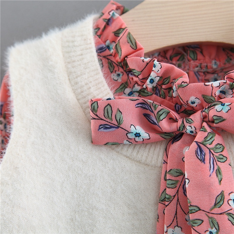 BEAR LEADER Bộ Áo Khoác Lông Chồn + Đầm Dài Tay Thời Trang Thu Đông Cho Bé Gái