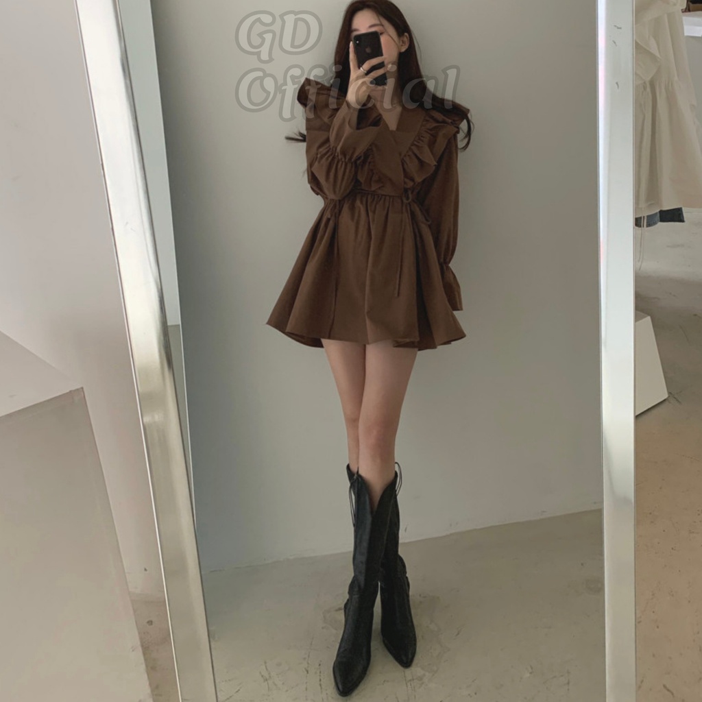 D8|Đầm nữ ngắn thanh lịch, kiểu dáng retro, đơn giản cho nữ chất cotton mềm mại tay phồng nâu, trắng, đen GD Official