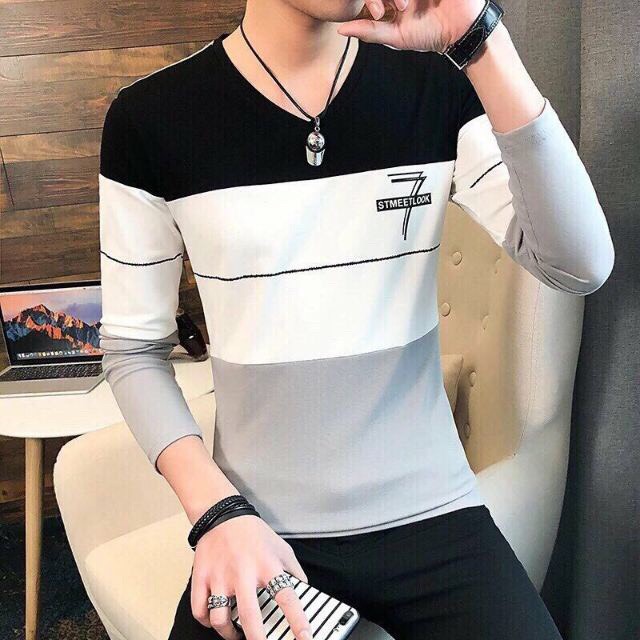 ÁoThunNam Tay Dài Áo Thun Nam Không Cổ Hàn Quốc Áo Thun VNXK Số 7 Đen Two | BigBuy360 - bigbuy360.vn