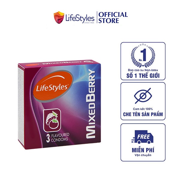 Bao Cao Su LifeStyles Mixed Berry Hương Dâu 3 mùi Độc Đáo, Nhiều Gel Bôi Trơn - Hộp 3 bao