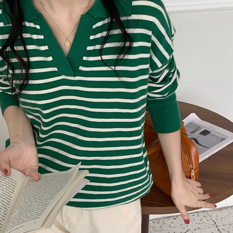 Áo sweater SUXI dệt kim cổ V dáng rộng kẻ sọc màu sắc tương phản kiểu Hàn Quốc thời trang thu đông cho nữ