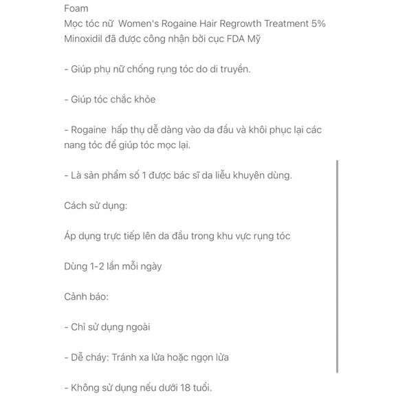 Kem mọc tóc cho nữ Rogaine Hair Regrowth Treatment Foam