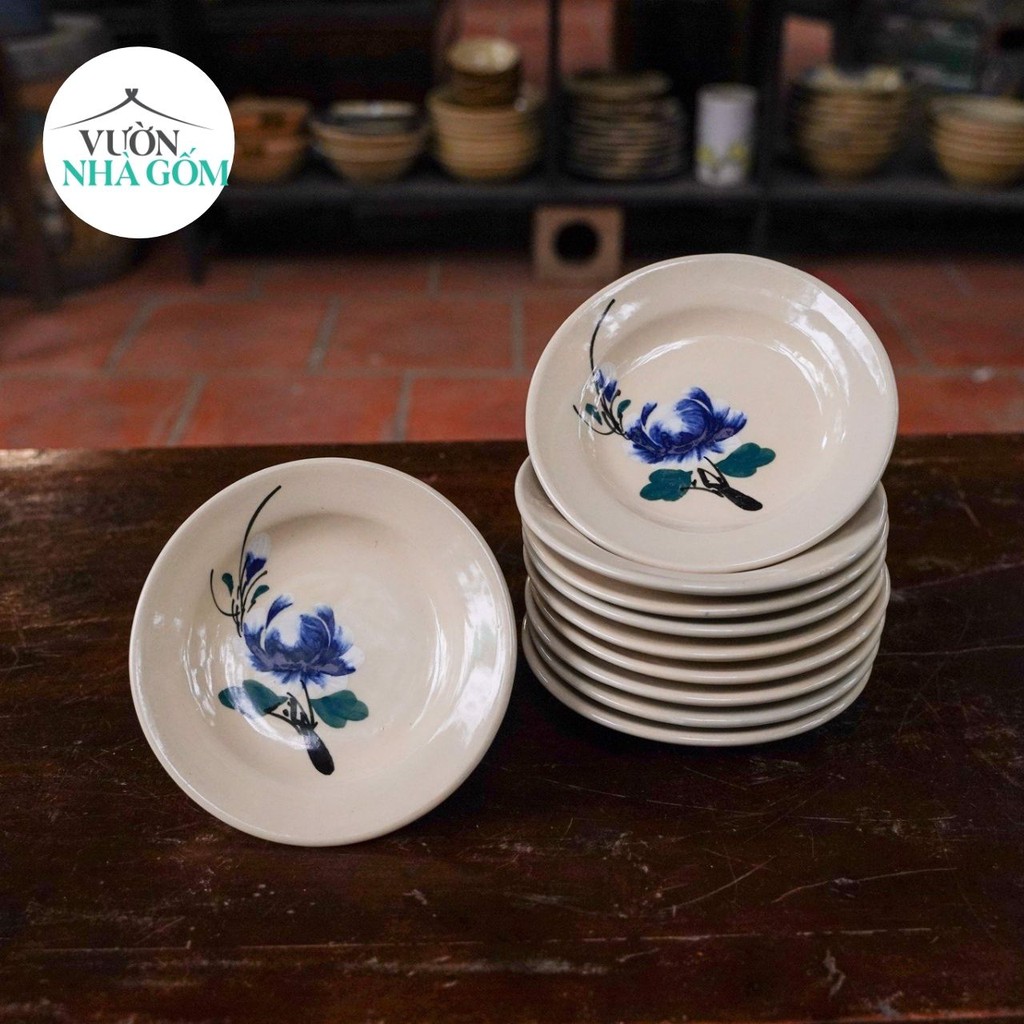 Set 5 dĩa vẽ bông màu xanh, Dĩa gốm chất lượng- nhỏ bông xanh- VƯờn Nhà Gốm