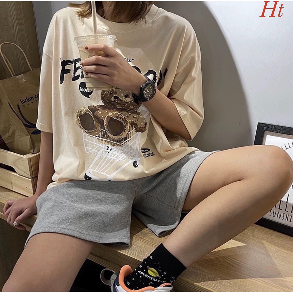 Áo phông Gấu Feel Áo thun unisex nam nữ,áo phông tay lỡ from rộng [ Tặng kèm dây buộc tóc và khẩu trang ]