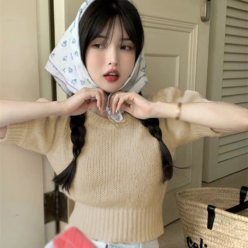 Áo Croptop Dệt Kim Tay Ngắn Phồng Cổ Tròn Màu Sắc Đơn Giản Phong Cách Hàn Quốc Cho Nữ