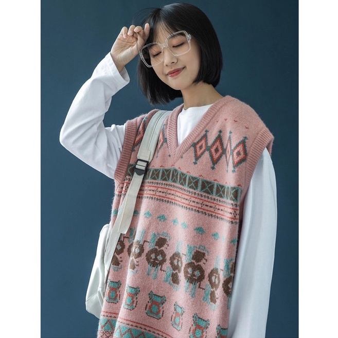 Áo gile len nữ Form thụng Freesize họa tiết màu hồng ruốc chất liệu mềm mịn phong cách thời trang Hàn Quốc M94HD | WebRaoVat - webraovat.net.vn