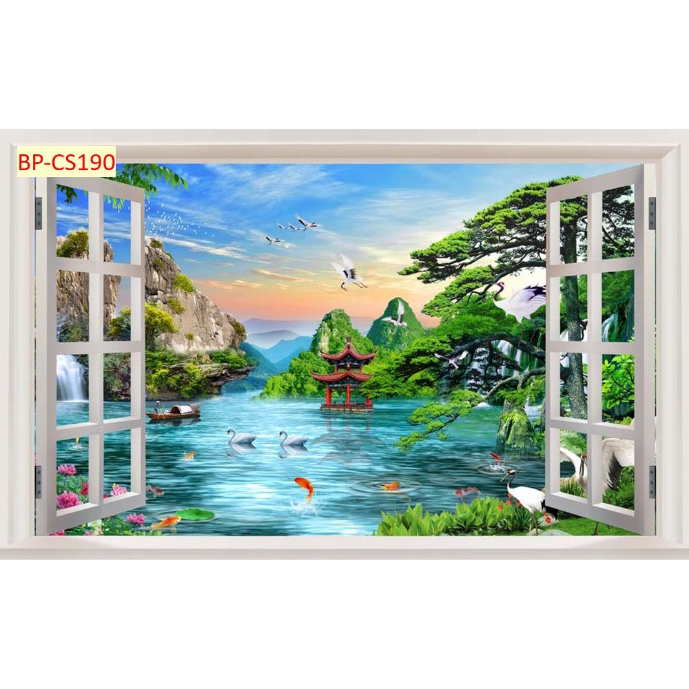 Tranh dán tường 3D khung cửa sổ sang trọng, lịch sự chủ đề biển nước, hồ xanh mát