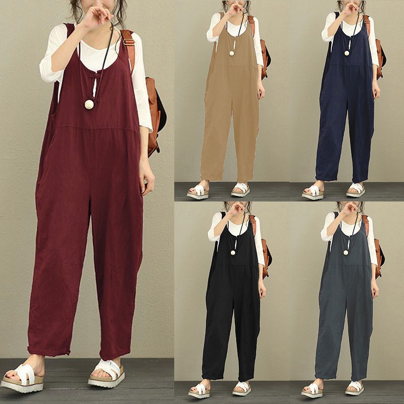 Jumpsuit sát nách cổ tròn dáng rộng cho nữ