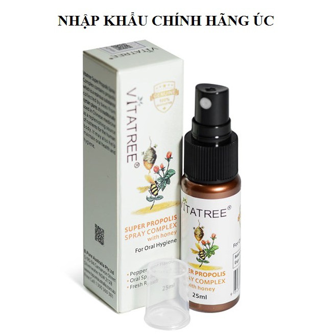 Xịt keo ong Vitatree Super Propolis Spray Complex With Manuka 15+ - Chai 25ml - Đau Họng Viêm Họng, Thơm Miệng