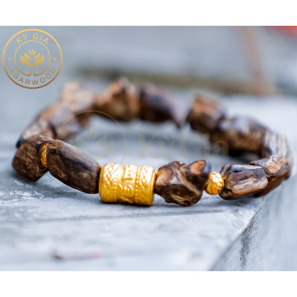 Vòng Tay Trầm Hương Kỳ Gia Trụ Trúc Mạ Vàng 24k Siêu Cao Cấp