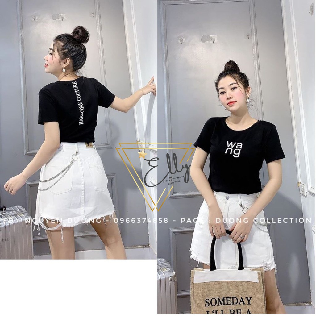 Áo thun croptop thêu chữ wa..ng chất zip cotton