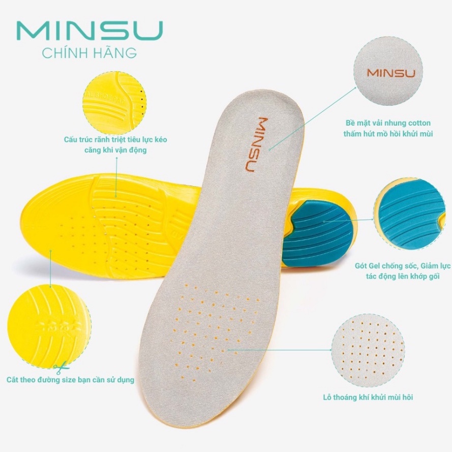 Lót Giày Thể Thao Sneaker Gel Chống Thốn Gót MINSU M2303 Cao Su EVA Êm Ái, Thấm Hút, Khửi Mùi Hôi Chân cho Nam Nữ