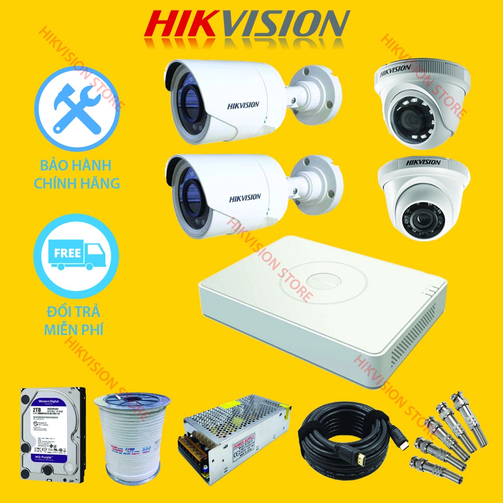 [SIÊU RẺ] Trọn Bộ 4 Camera Quan Sát Hikvision 2.0 megapixel Full HD 1080P ĐẦY ĐỦ PHỤ KIỆN bảo hành 24 tháng