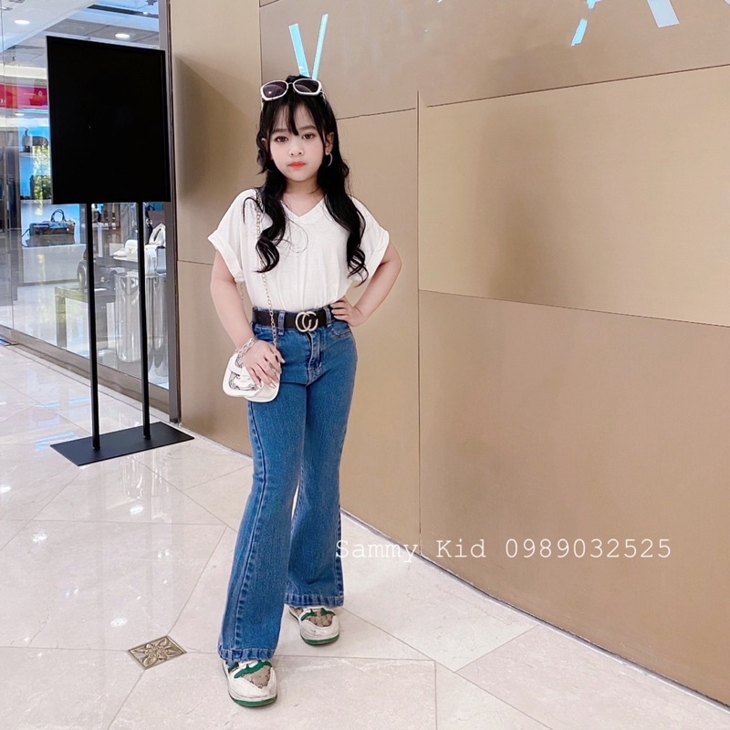 Set áo phông cánh rơi quần bò loeee Không kèm đai cho bé gái 17-41kg sang chảnh, cá tính