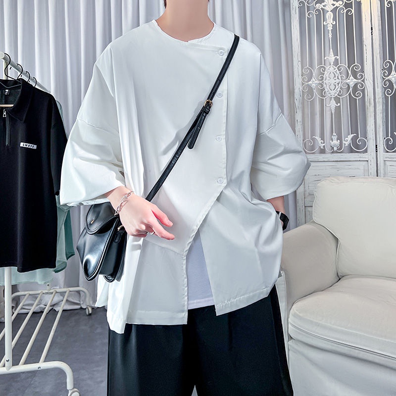 Áo Sơ Mi Mỏng Dáng Rộng Thiết Kế Lệch Tà Cá Tính Cho Nam Và Nữ