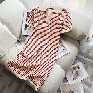 Đầm dệt kim cổ polo hoạ tiết kẻ sọc thời trang mùa hè