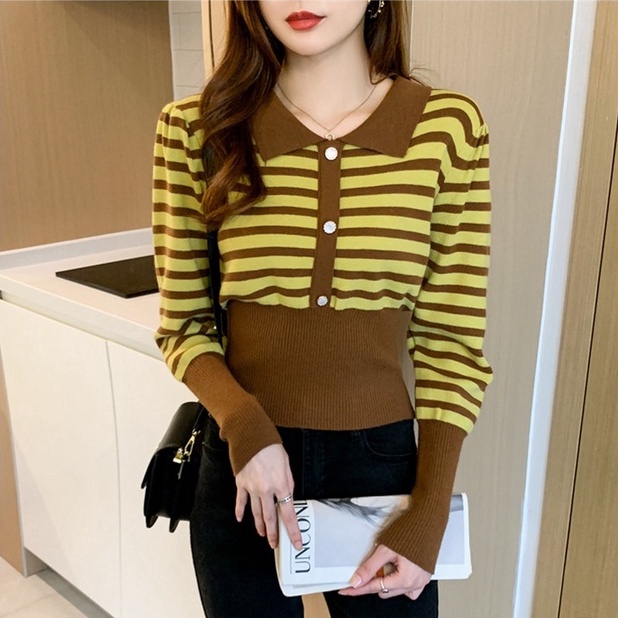 【ZHELIHANGFEI】Áo Sweater Cổ POLO Tay Dài Ôm Eo Họa Tiết Kẻ Sọc Phong Cách Sang Trọng