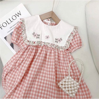 Váy kẻ thô kẻ caro cổ vuông bản to cho bé gái