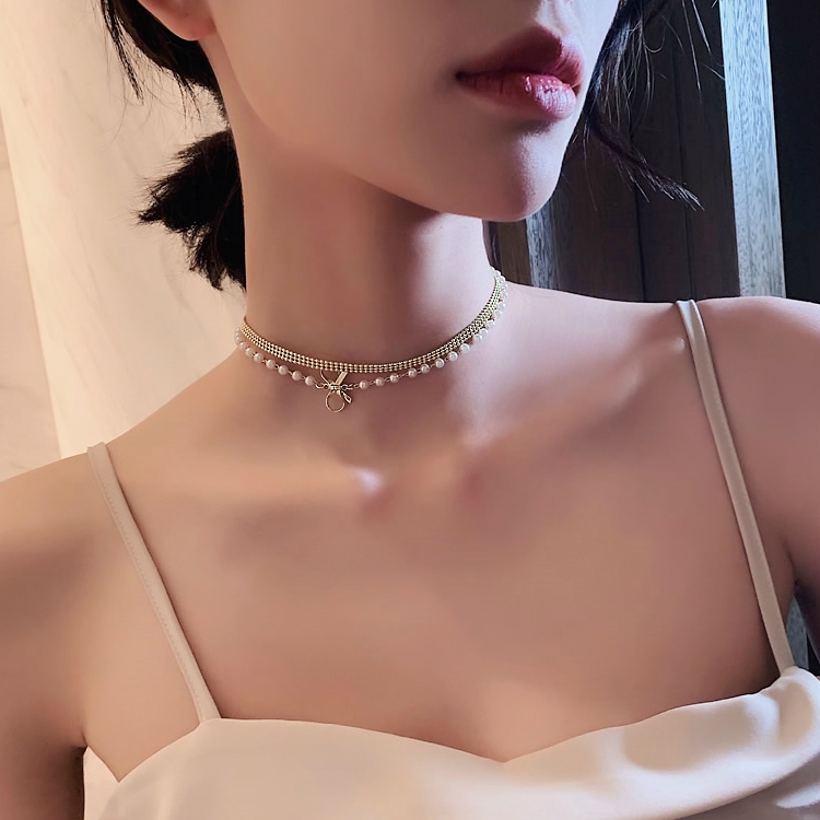 Dây Chuyền Hai Lớp Đính Ngọc Trai Và Nơ Phong Cách Hàn Quốc Dễ Thương Cho Nữ