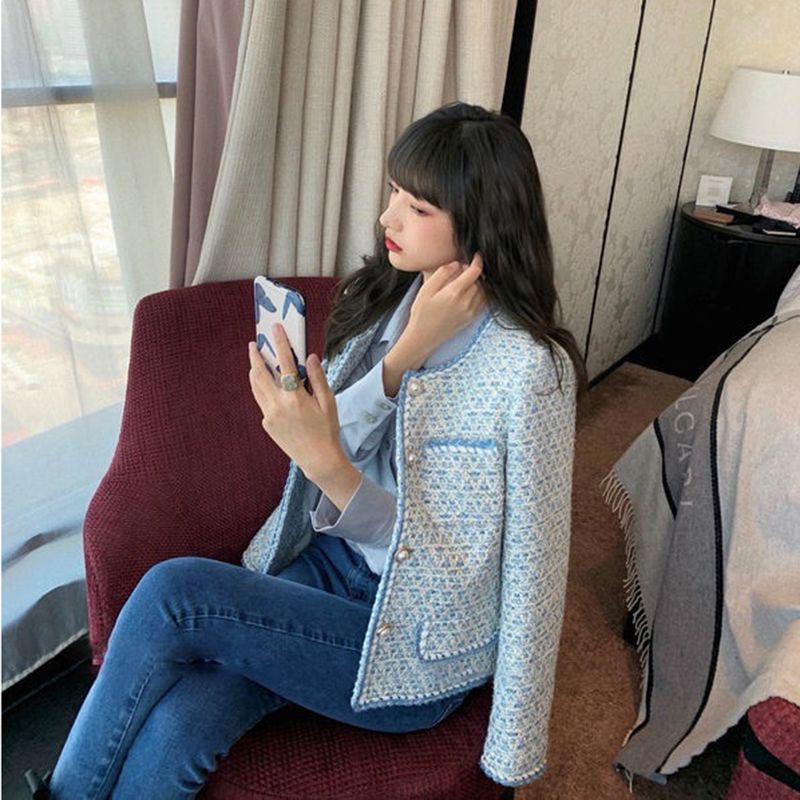 Cotton fragrant contract French style small fragrant style coat women's 2022 autumn and winter new style foreign style fashion socialite blue top