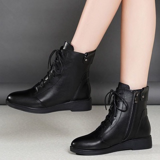 ✪Giày Boot Cổ Ngắn Thời Trang Thu Đông Cho Nữ✪Giày Bốt Da Thật Đế Thấp Lót Lông Cừu Cotton Thời Trang Thu Đông Cho Nữ