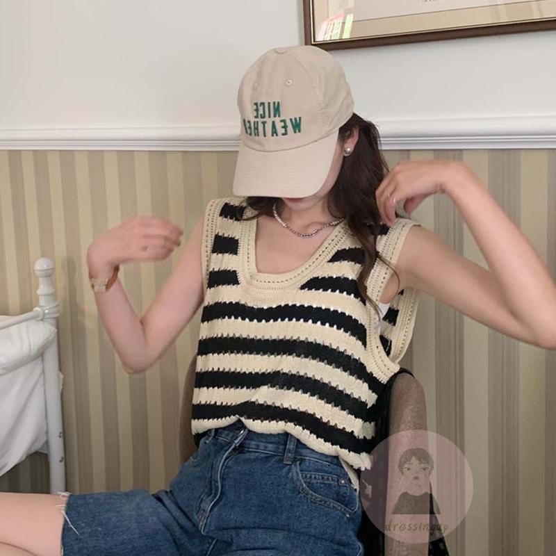 Áo Thun Ba Lỗ Không Tay Họa Tiết Sọc Màu Sắc Tương Phản Dành Cho Nữ