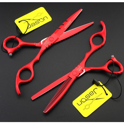 Bộ Kéo Cắt Tóc Cao Cấp Thương Hiệu Nhật Bản Jason 5.5 JP 440C Red Barbers Cutting Scissors Thinning Shears Hair Scissors