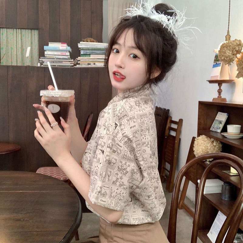 Áo Sơ Mi Ngắn Tay Cài Nút In Họa Tiết Dễ Thương Sáng Tạo Thời Trang Mùa