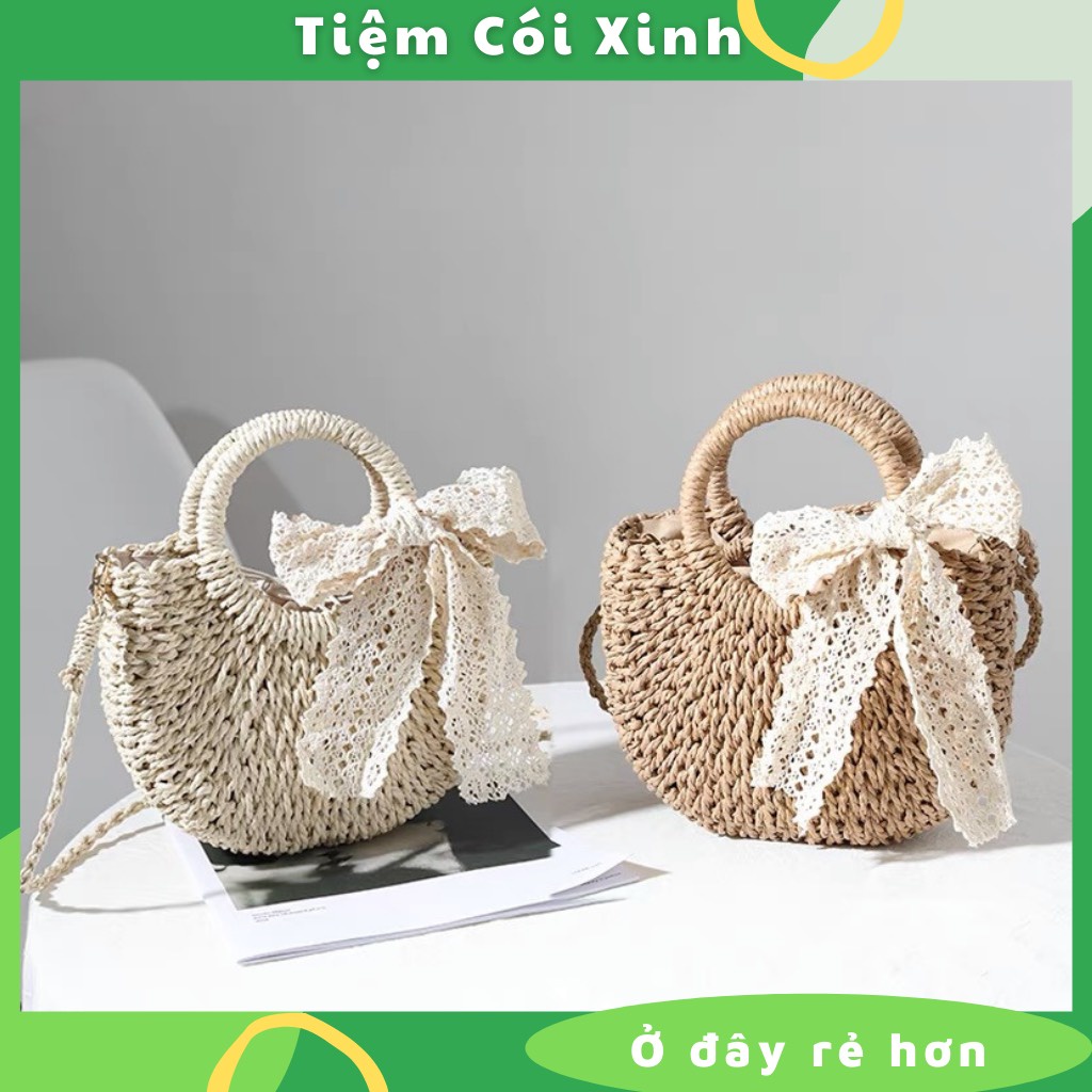 Túi cói bán nguyệt nơ ren đi biển vintage cho nữ