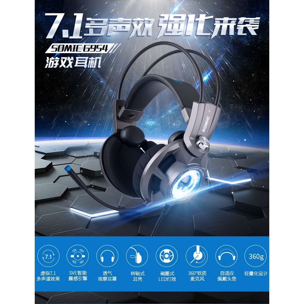 Tai nghe headphone chuyên Game Somic G954 LED - USB Sound 7.1 (Hãng phân phối chính thức)