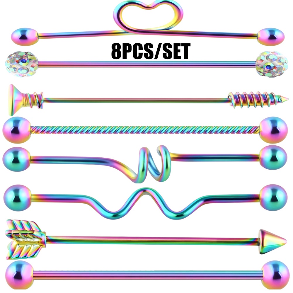 Set 8 Khuyên Tai 14G Màu Cầu Vồng Bằng Thép Không Gỉ