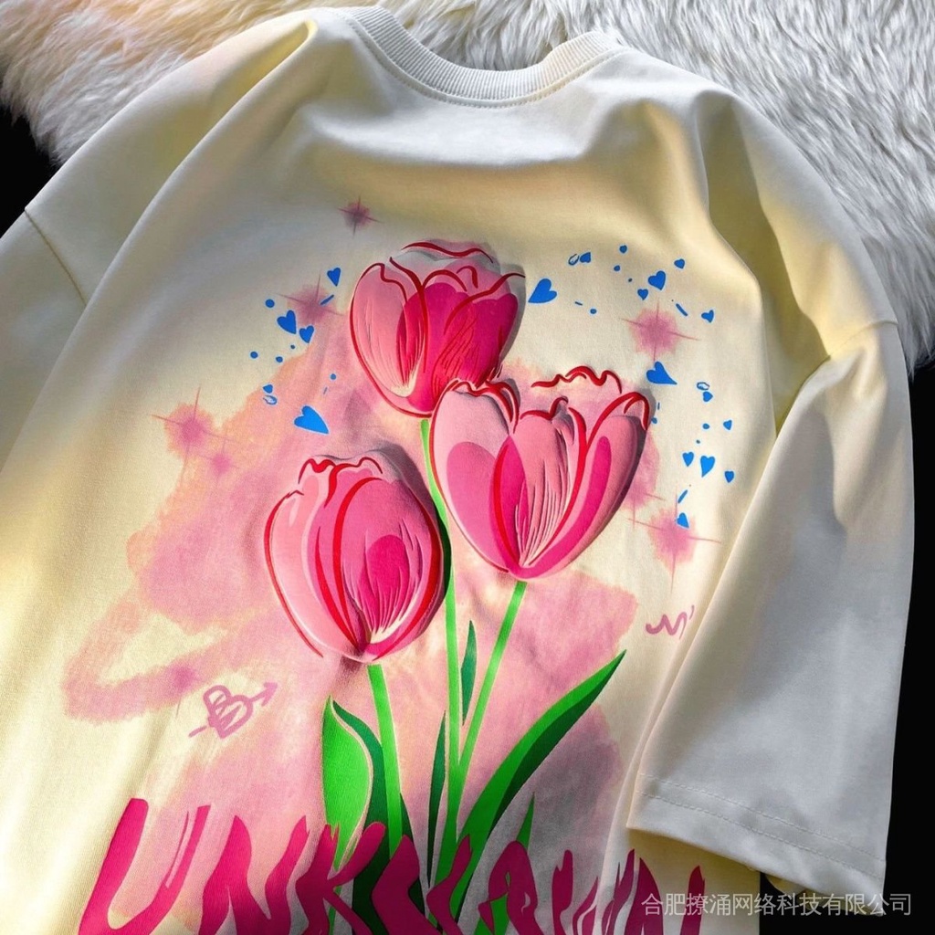 Áo Thun Tay Ngắn Dáng Rộng In Hình Hoa Tulip Phong Cách Hàn Quốc Thời Trang Cho Nữ