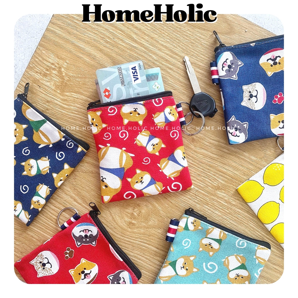 Ví / Bóp Mini Đựng Tiền Đi Chợ Đựng Thẻ Xe Túi Vải Canvas hoạ Tiết Nhật Bản Shiba Inu Có Khoen Móc Chìa Khoá Home Holic