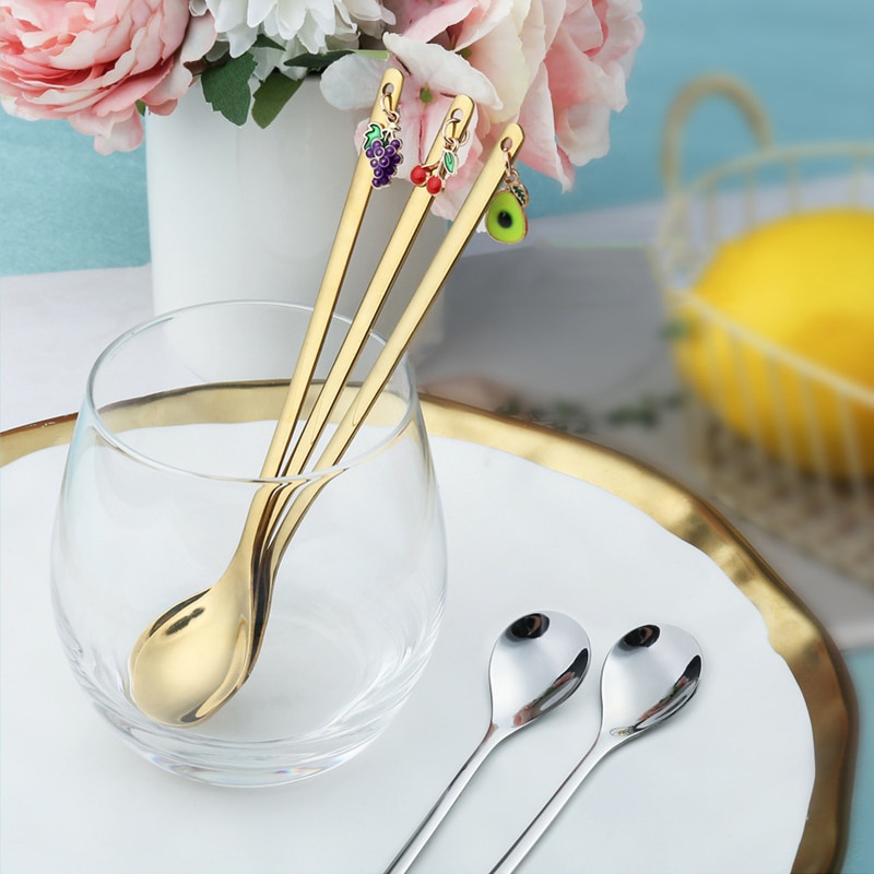 Muỗng cà phê thép không gỉ treo móc khóa trái cây trang trí đáng yêu