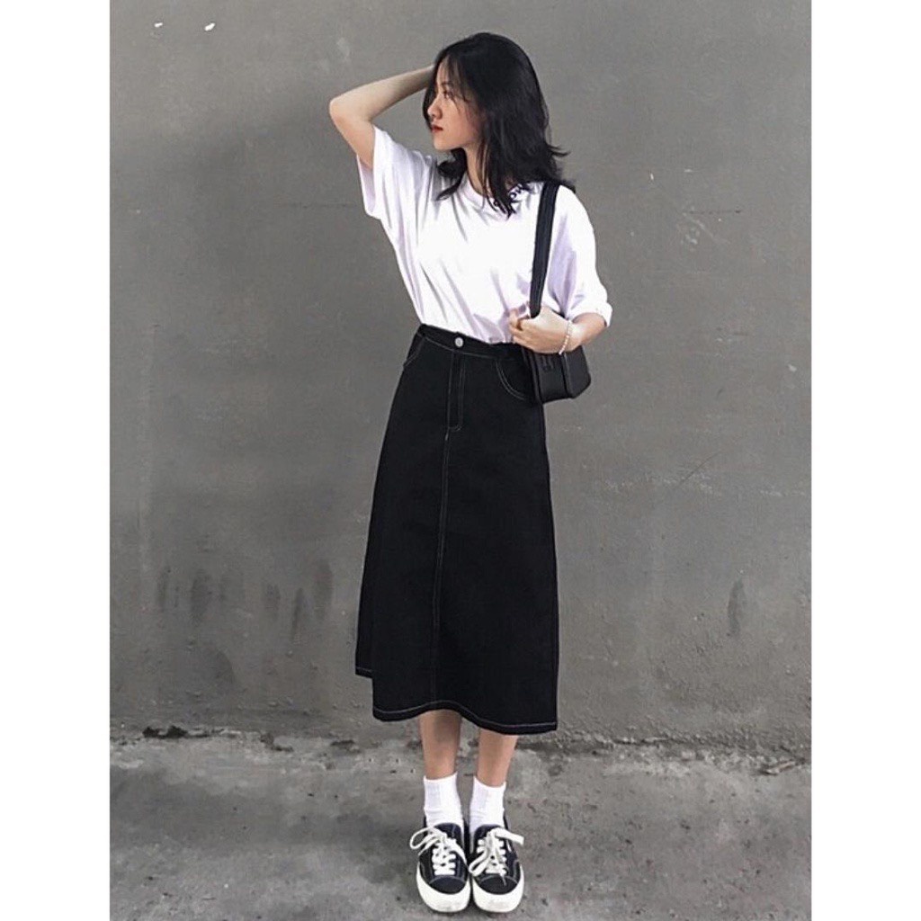 Chân váy midi viền chỉ nổi giả jeans Ulzzang cạp chun xẻ sau - chân váy nữ lưng cao dáng dài phong cách Hàn Quốc Okélla