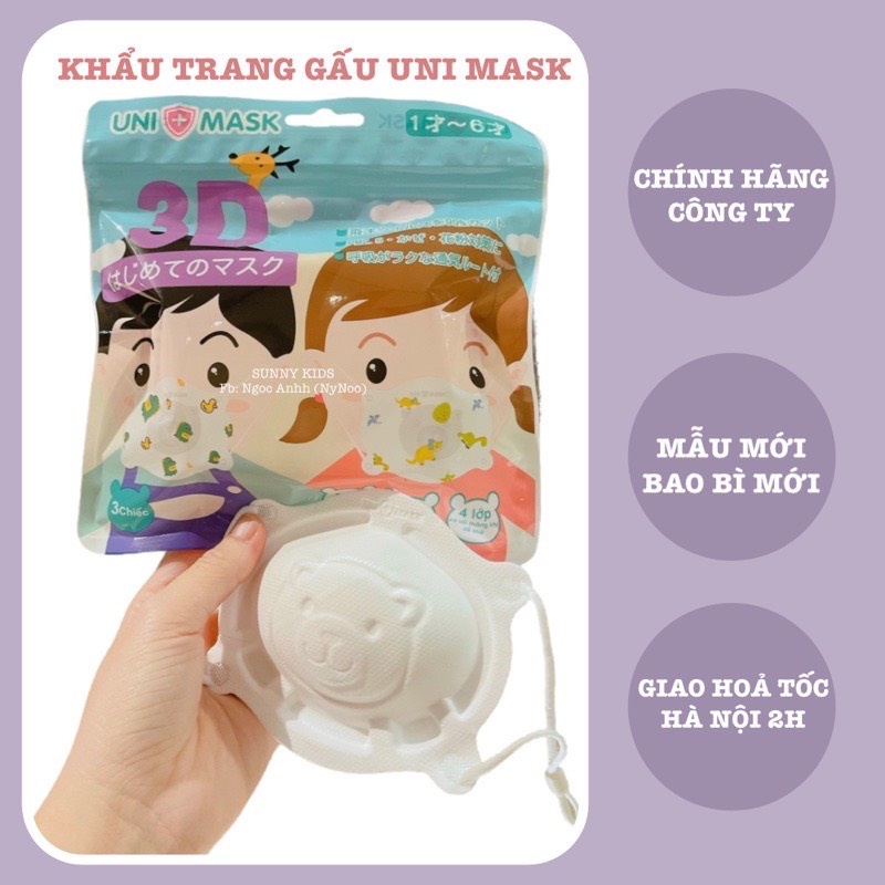 Khẩu Trang Gấu Sơ Sinh Uni Mask Cho Bé Nhỏ Set 3 Cái cho bé từ 1-3 tuổi, lọc bụi kháng khuẩn cho bé 8-12kg