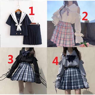 [Order]  Seifuku  - Set đồ xinh xinh áo hở vai phối nơ, áo cổ thủy thủ thủ, váy kẻ caro