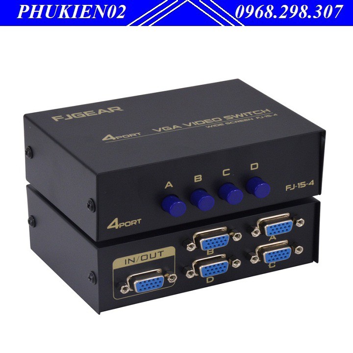 Bộ gộp VGA 4 vào 1 ra (4 Port VGA Video Switch) FJGEAR - Gộp 4 máy tính vào 1 màn hình TV, máy chiếu