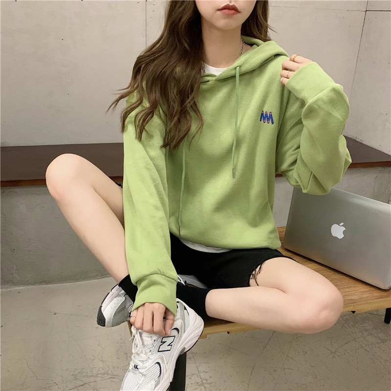 Áo hoodie SUXI thể thao dáng rộng màu sắc đơn giản cho nữ