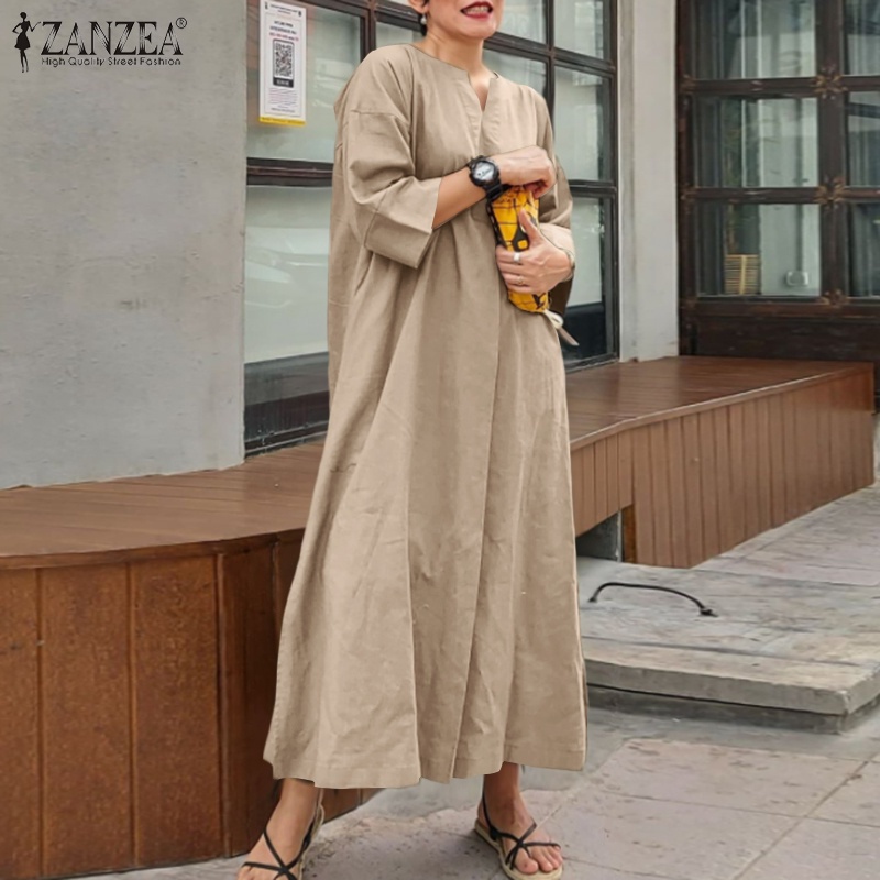 Đầm dài ZANZEA tay áo ba phần từ cổ chữ V thiết kế xẻ tà phong cách retro thời trang cho nữ