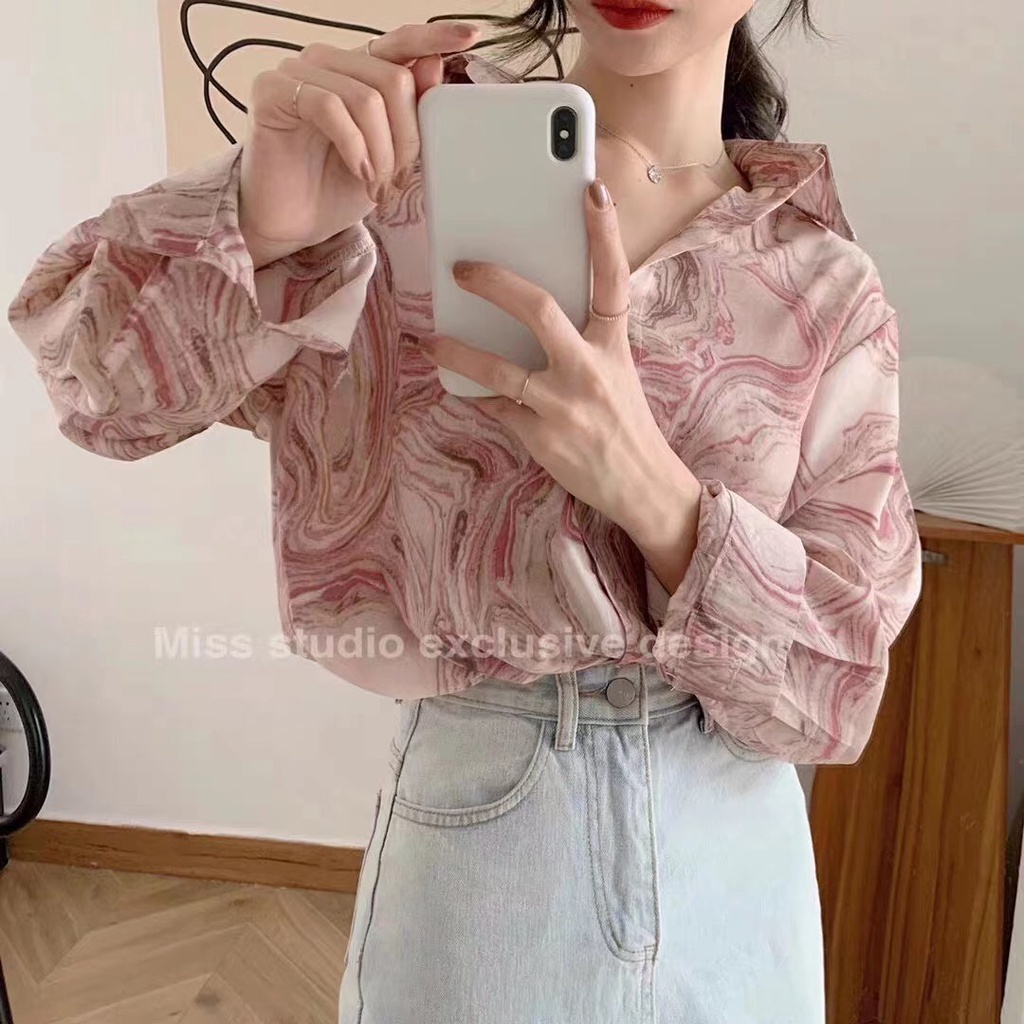 SUXI Áo Sơ Mi Tay Dài Dáng Rộng In Họa Tiết Vintage Dễ Phối Đồ Thời Trang Xuân Hè Phong Cách Hàn Quốc