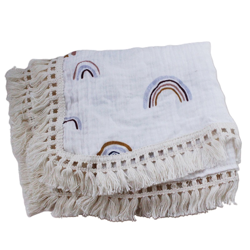Chăn Quấn Em Bé 2 Lớp Chất Liệu Cotton Nguyên Chất Mềm Mại Phối Tua Rua Phong Cách Hồi Giáo