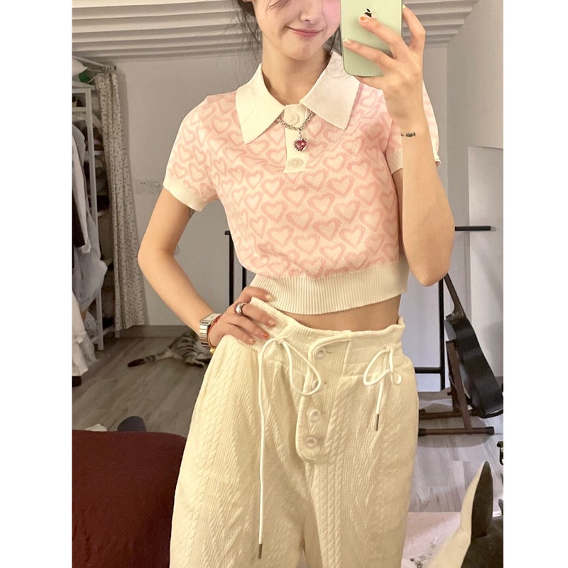 🌈Áo Croptop Dệt Kim Tay Ngắn Cổ Polo Dáng Ôm Thời Trang Mùa Hè Quyến Rũ Cho Nữ