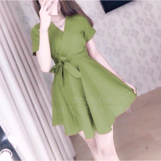 Đầm xoè cổ V đắp chéo eo cột nơ _ kèm ảnh sp thật