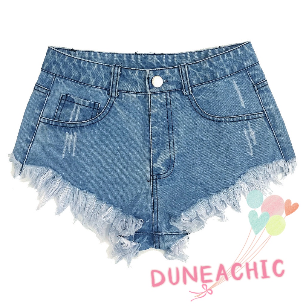 DUNEA Quần Short Denim Lưng Cao Phối Rách Cá Tính Quyến Rũ Cho Nữ