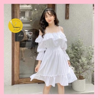 Váy 2 dây trễ vai tay bồng nữ đầm midi trắng chun eo mềm xếp tầng tiểu thư sang chảnh vintage đi biển - VENUS